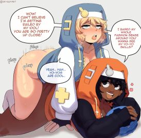 1futa 1girls 2d 2d_(artwork) ass black_eyes blonde_hair blue_eyes blush breasts bridget bridget_(cosplay) clothed clothed_sex clothing compliment complimenting_partner conversation cosplay dark-skinned_female dark_hair dark_skin dialogue english english_dialogue english_text enjoying eyes_rolling_back fan female fingerless_gloves futanari gloves guilty_gear guilty_gear_strive happy happy_female happy_sex happy_sub hoodie interracial intersex laying_on_stomach light_skin looking_at_partner looking_back looking_pleasured motion_lines mouth_open ms_pigtails on_stomach open_hoodie open_mouth penile penile_penetration penis plap plapping prone_bone rolling_eyes sex sex_from_behind skyguyart socks sweat sweaty_ass sweaty_butt text tongue tongue_out yo-yo