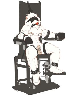 anthro ball_gag blindfold bondage bondage_chair bondage_furniture bondage_gear bondage_gloves chastity_cage chastity_device clothing costume cuff_(restraint) felid flaccid fursuit gag gagged gay gay_male genitals handwear hi_res human humanoid_genitalia humanoid_penis leather leather_cuffs leo_(saitama_seibu_lions) lion male mammal mascot nippon_professional_baseball pantherine penis restraints reykn saitama_seibu_lions simple_background sitting solo submissive_male three-quarter_view white_body yaoi zipper zipper_down