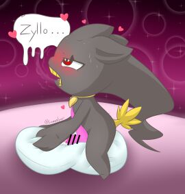 banette bar_censor blush bodily_fluids censor_bar censored cum generation_3_pokemon genital_fluids genitals heart_pendant heart_symbol hi_res lemontyne male mentioned_character nintendo penis pillow pokemon pokemon_(species) solo toro_(lemontyne) zipper zipper_mouth