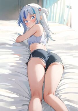 1girls ass ass_focus bare_legs bare_shoulders bare_thighs bed bedroom blue_eyes blush breasts female female_only from_behind fully_clothed gawr_gura hololive hololive_english hololive_myth legs looking_at_viewer looking_back lying on_bed petite shark shark_girl short_shorts shorts small_breasts solo tank_top thighs virtual_youtuber white_hair