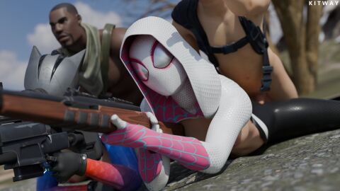 1girls 2boys 3d alternate_view ambiguous_penetration armored_lynx_(fortnite) breasts breasts_out completely_nude dark-skinned_male dark_skin different_angle exposed_ass exposed_breasts female fortnite functionally_nude functionally_nude_female glowing_eyes gun gwen_stacy gwen_stacy_(spider-verse) harness interracial jun-hwan_(fortnite) kitway lynx_(fortnite) male marvel marvel_comics mask masked masked_female multiple_boys multiple_males nude nude_male partially_clothed partially_clothed_female pointing ripped_clothing sex_while_shooting shooting sniper_rifle spider-gwen spider-man:_into_the_spider-verse spider-man_(series) spitfire_(fortnite)