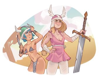 2girls chainmail_bikini female female_focus female_only jpeg mogidraw phoebe_(mogidraw) sarah_(faune) sword winged_helmet
