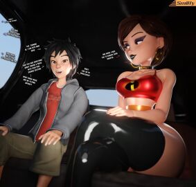 1boy 1girls 3d age_difference ass big_hero_6 black_hair black_lipstick breasts brown_hair car choker clothed clothing dialogue disney elastigirl eyeshadow female filming helen_parr hiro_hamada hoop_earrings huge_ass huge_hips huge_thighs imminent_sex larger_female makeup making_a_porno male marvel marvel_comics milf mommy mommy_kink oblivious offscreen_character older_female pixar porn_star porn_star_elastigirl_(smitty34) pornstar size_difference skimpy slut_collar smaller_male smitty34 tank_top the_incredibles thick_thighs thigh_boots thighhighs wide_hips younger_male