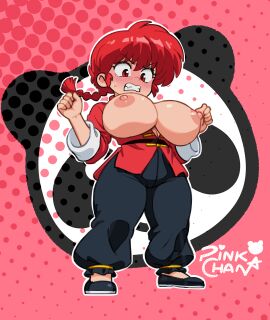 1girls black_pants braided_ponytail breasts_out genderswap_(mtf) huge_breasts inconvenient_breasts martial_arts_uniform pants pink-chan ponytail ranma-chan ranma_1/2 ranma_saotome red_hair rule_63 single_braid wardrobe_malfunction