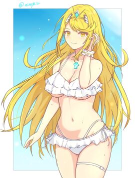1girls blonde_female blonde_hair breasts long_hair mythra_(xenoblade) swimsuit white_swimsuit xenoblade_(series) xenoblade_chronicles_2 yellow_eyes