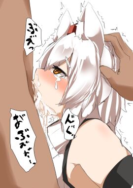 1boy absurdres animal_ear_fluff animal_ears black_gloves blush brown_eyes commentary_request crying crying_with_eyes_open cum cum_in_mouth cum_in_nose deepthroat elbow_gloves fellatio female gloves hair_between_eyes hat highres houkai_(collapse_illust) inubashiri_momiji irrumatio male momiji_inubashiri open_mouth oral penis red_hat shirt short_hair simple_background sleeveless sleeveless_shirt solo_focus straight tears tokin_hat touhou upper_body white_background white_hair white_shirt wolf_ears wolf_girl