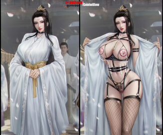 breasts censored choker female fishnet_thighhighs fishnets garter_belt garter_straps goatwillow harness highres large_breasts long_hair milking_machine nipples open_clothes open_robe panties public public_indecency robe thighhighs underwear