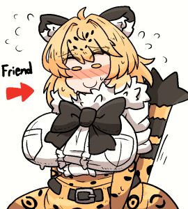 1girls animal_ears animal_humanoid big_breasts blonde_hair breasts clothed_female doodle english_text female jaguar jaguar_(kemono_friends) kemono_friends light-skinned_female light_skin mob_face notnoe_(dxcl) request sweat tail text white_background yellow_eyes yellow_hair