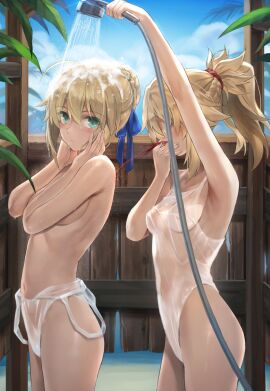 2girls aqua_eyes artoria_pendragon beach beach_shower blonde_hair breasts fate/grand_order fate_(series) female female_only incest large_breasts long_hair mordred_(fate) multiple_females multiple_girls nosebleed ponytail saber showering small_breasts swimsuit swimsuit_down tonee yuri