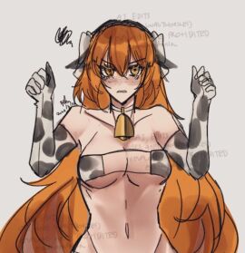 1girls angry cow_ears cow_print cow_print_bikini cowbell female female_only freckles freckles_on_face hair_ornament ishmael_(limbus_company) light-skinned_female light_skin limbus_company long_hair orange_eyes orange_hair project_moon tagme upset