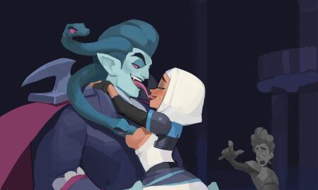 1girls 2boys 2d 2d_(artwork) 2d_artwork amugea beauty_mark blue_skin count_nogrog cropped cropped_image female glitch_techs hector_nieves hijab hijabi hyung_(artist) lifted_by_another lifting_person male muslim muslim_female petrification pink_eyes standing_sex zahra_rashid