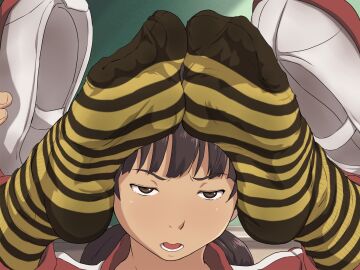 1girls athletic athletic_female brown_eyes brown_hair cute feet female foot_fetish foot_focus japanese_female maku_(l-u) presenting_feet shoes shoes_removed smelly_feet socks solo solo_female tan-skinned_female tan_skin