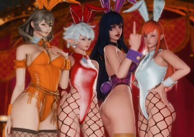 3d 3d_model 4girls alisaie_leveilleur ass black_hair blue_eyes breasts brown_eyes brown_hair bunny_ears bunny_girl bunny_tail bunnysuit clothed clothed_female clothing earrings female female_focus female_only final_fantasy_xiv fishnet fishnet_legwear fishnet_stockings fishnets flipping_off gaia_(ffxiv) ginger ginger_hair hair hand_on_hip leotard lipstick long_ears looking_at_viewer medium_breasts middle_finger neckwear queen_sphene revealing_clothes ryne_waters short_hair small_breasts smiling stockings thighhighs thighs white_hair