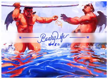 2boys accident bar_censor bara belly bk_zerotwo blur_censor censored completely_nude demon_wings erection feathered_wings from_side full_body holding holding_surfboard large_pectorals male male_focus mature_male multiple_boys multiple_males muscular muscular_male navel nipples nosebleed nude ocean original paid_reward_available pectorals penis plump standing surfboard thick_eyebrows thick_thighs thighs wading wings yaoi