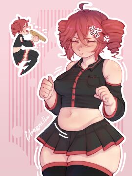 1girls 2d 2d_(artwork) absolute_territory ahoge anger_symbol annoyed annoyed_expression arm_warmers ass ass_jiggle baguette bangs bare_midriff before_and_after belly belly_expansion belly_jiggle big_breasts black_clothes black_shirt black_skirt black_thighhighs blush blush_lines blushing bread breast_expansion breast_growth breast_growth_(enlargement) breast_jiggle breasts button_down_shirt cherrnilla chubby chubby_belly chubby_female clenched_fist closed_eyes closed_mouth clothed clothed_female clothing crop_top cropped_jacket curvaceous curvy curvy_female curvy_figure drill_hair eating eating_bread eating_food embarrassed expansion exposed_belly fat_ass fat_thighs fatass_teto female female_only food fully_clothed growth holding holding_bread holding_food holding_object huge_thighs ineffective_skirt jiggle jiggling_ass jiggling_belly jiggling_breasts jiggling_thighs kasane_teto large_breasts love_handles medium_breasts midriff midriff_baring_shirt miniskirt motion_lines navel nipple_bulge nose_blush open_mouth pink_background plump pout pouting red-haired_female red_hair short_skirt simple_background skindentation skirt slightly_chubby slightly_chubby_female small_breasts solo solo_female thick_thighs thigh_expansion thigh_highs thigh_jiggle thighhighs thighs tight_clothing tight_shirt twin_drills utau voluptuous voluptuous_female weight_conscious weight_gain weight_gain_female wide_hips zettai_ryouiki