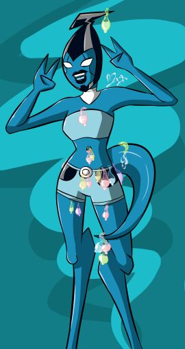 accurate_art_style accurate_body_type accurate_proportions after_sex alien alien_girl alien_humanoid belly_button ben_10 ben_10_omniverse black_lipstick blue_skin blue_tongue condom condom_balloon condom_filling condom_tied_to_tail cum cum_in_condom k8-e kineceleran love5tar minor_character navel navel_piercing no_pupils peace_sign prehensile_tail shorts slut tail teeth tubetop white_eyes