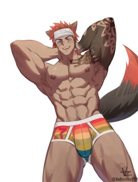 1boy abs animal_ears arm_tattoo armpit_hair armpits bara berrrrrrrr7171 biceps big_bulge black_hair bulge cocky final_fantasy final_fantasy_xiv hands_behind_head headband looking_at_viewer looking_down looking_down_at_viewer low-angle_view male male_nipples male_only miqo'te muscular muscular_arms muscular_chest muscular_male muscular_thighs nipple_piercing nipples pecs piercing red_hair smile smiling_at_viewer solo solo_male standing tail tattoo teeth topless tosetsu two-tone_hair underwear yaoi