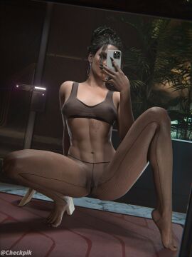 1girls 3d abs afro-native american areolae athletic athletic_female black_hair breasts brown-skinned_female brown_eyes brown_hair cd_projekt_red checkpik cyberpunk_(series) cyberpunk_2077 dark-skinned_female dark_skin detailed_background dreadlocks eyebrow_slits eyelashes eyeshadow female female_focus female_only fishnet_legwear fishnets freckles hair_bun hi_res high_resolution highres hoop_earrings long_nails mature_female mirror_selfie native_american nipple_piercing nipples nipples_visible_through_clothing panam_palmer petite pierced_nipples piercing pussy seductive_look see-through selfie skinny slim smartphone solo solo_female solo_focus tattoo tied_hair