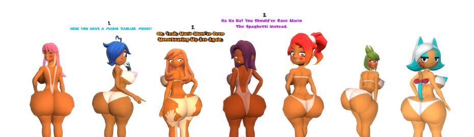 3d ass ass_cleavage_tanline belle_fontiere bending_over big_asses blush breasts bubble_ass bubble_butt desti_(smg4) female female_only fully_naked fully_nude funny human_meggy kaibernation karen_(smg4) karen_katphish looking_at_ass looking_at_viewer meggy_spletzer melony_(smg4) nipples saiko_bichitaru_(smg4) side_boobs smg4 tan-skinned_female tanline tanned tari_(smg4)