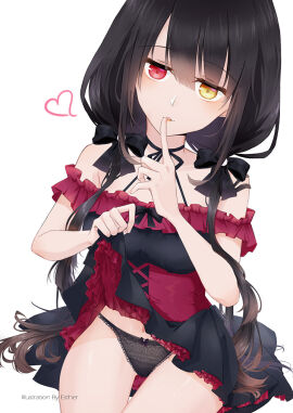 2d 2d_(artwork) black_hair blush breasts date_a_live esther_(pixiv) female heterochromia light-skinned_female light_skin lingerie_only lingerie_panties long_hair looking_at_viewer panties red_eyes solo solo_female thighs tokisaki_kurumi