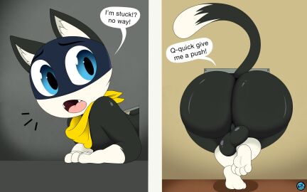 1boy 4_toes absurd_res anthro ass backsack balls ballsack barefoot big_ass big_butt black_body blue_eyes dipstick_tail domestic_cat english_text exclamation_point feet felid feline felis femboy genitals gloves_(marking) hi_res hindpaw kerchief kerchief_only leg_markings male male_only mammal markings morgana_(persona) neckerchief nr_ac nude open_mouth paws persona_(series) persona_5 question_mark socks_(marking) soles solo solo_male speech_bubble stuck tail tail_markings text thick_thighs through_wall toes vent wide_hips