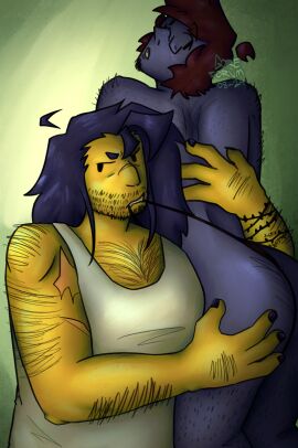 black_hair body_hair brown_hair gay glasses goreforum grey_skin long-haired_male long_hair male male/male original_character thong thong_pull yellow_skin