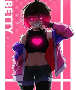 bete_noire betty_noire black_thighhighs blue_pants brown_hair glitchtale jacket pants pink_background pink_eyes pink_hair pink_jacket purple_jacket rageman709 sharp_teeth short_hair thighhighs undertale undertale_(series) white_background