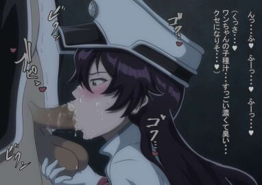 1boy 1girls ayaka_(artist) balls bambietta_basterbine black_hair bleach bleach:_the_thousand-year_blood_war blowjob blush censored female fondling fondling_balls hat looking_at_penis male partial_male peaked_cap penis quincy_(bleach)