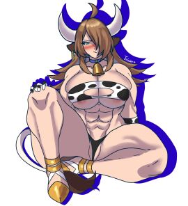 1girls abs ahoge areola_slip big_breasts blue_eyes blush breasts brown_hair commission cow_ears cow_girl cow_horns cow_print cow_print_gloves cow_tail cowbell earrings female female_only gloves hair_over_one_eye hi_res horns jojoniumart long_hair looking_at_viewer muscular muscular_female pout pussy pussy_floss sitting skimpy skimpy_clothes solo tail tail_tuft thong topwear white_background