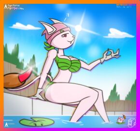 2d 2d_(artwork) agonywelds angelsagony anthro ass bikini cat_ears cat_tail cattail_(plant) cattail_(pvz) feline female lens_flare looking_at_viewer plant plant_girl plantie plants_vs_zombies pool text thick_ass thick_thighs thighs water wide_hips