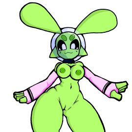 1girls 4_fingers alien alien_humanoid big_ears big_eyebrows black_eyes blank_background breasts completely_naked completely_nude cute female female_focus female_only green_eyebrows green_nipples green_skin long_ears looking_at_viewer medium_breasts naked naked_female navel nipples nude nude_female pink_armwear pose posing pussy smile smiling_at_viewer solo solo_female solo_focus sploot_(unknownspy) sploot_alien standing tagme unknownspy unknownspy_(artist) white_background