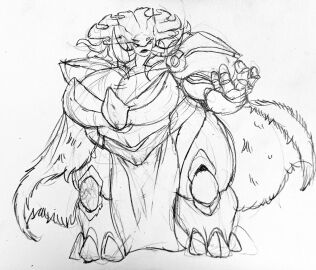 breasts cape cleavage drawing female head_crest horns huge_breasts original original_character the_brute_(zeblackballd) thick_thighs uniform wide_hips ze_blackball.d zeblackballd_(artist)