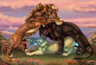 anatomically_correct anatomically_correct_genitalia animal_genitalia animal_penis aroused ass ass_up balls bite bodily_fluids bora_(pratum_vulpes) canine_genitalia canine_penis claws closed_eyes digital_drawing_(artwork) digital_media_(artwork) doggy_style erection fangs felid feline_genitalia feline_penis fellatio female female_penetrated feral feral_on_feral feral_on_top feral_penetrated feral_penetrating feral_penetrating_feral flower from_behind_position genital_fluids genitals grass grin group hi_res knot licking lion looking_pleasured lying male male/female male/male male_penetrating male_penetrating_female mammal mane markings narrowed_eyes nature neck_bite on_front oral outside outside_sex pantherine pawpads paws penetration penile penile_spines penis penis_lick plant precum prehistoric_species priestofjashin pussy saber-toothed_tiger sabertooth_(anatomy) saliva sex sheath signature smile spitroast tail teeth tongue trio vaginal_fluids vaginal_penetration whiskers