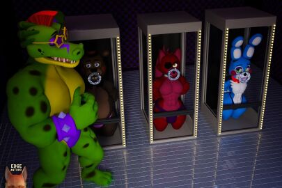 3d alligator alligator_tail alligatorid alligatorid_humanoid angry angry_face animatronic anthro bear bear_boy biceps blue_body blue_eyes bound bound_arms bound_legs bound_wrists bowtie bowtie_collar brown_body bunny bunny_boy caged completely_naked completely_nude crocodile crocodile_tail crocodilian crocodylid eyepatch facial_markings five_nights_at_freddy's five_nights_at_freddy's:_security_breach five_nights_at_freddy's_2 fnaf foxy_(fnaf) green_body green_eyes green_nails hand_on_chest hand_on_head image_set long_eyelashes looking_at_another machine male male/male male_focus male_only mohawk mohawk_(hairstyle) montgomery_gator_(fnaf) muscular muscular_male non-human nude nude_male pink_body red_body red_hair reptile reptile_humanoid robot robot_humanoid scottgames spiked_bracelet spotted_body steel_wool_studios tagme tagme_(artist) tail thong toy_bonnie_(fnaf) toy_freddy_(fnaf) trapped two-tone_body white_body worried_expression worried_face worried_look yellow_eyes