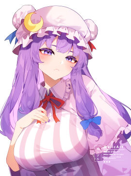 1girls artist_name big_breasts blush bow breasts capelet crescent crescent_hat_ornament female fingernails frown hair_bow hat hat_ornament large_breasts long_hair looking_at_viewer mob_cap nail_polish neck_ribbon patchouli_knowledge pink_capelet purple_hair ribbon shirt sidelocks simple_background solo striped_clothes striped_shirt tagme touhou twitter_username upper_body vertical-striped_clothes vertical-striped_shirt very_long_hair weiic white_background