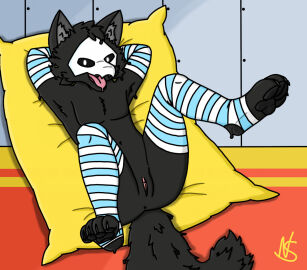 arms_behind_head changed_(video_game) claws cuntboy furry high_socks intersex latex looking_at_viewer male male_focus male_only mask masked open_mouth pawpads paws presenting presenting_pussy puro_(changed) pussy solo tail tongue vagina warmers