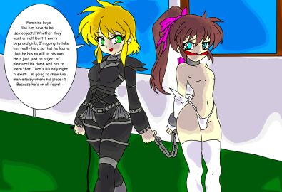 1boy 1girls afraid androgynous breasts bulge chained chained_up chained_wrists clothed clothed_female_nude_male crossdressing cute dominant_female domination dominatrix female femboy flat_chest hair_ribbon half_naked male otoko_no_ko shades slave_collar slim_waist trap whip wide_hips