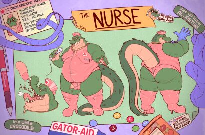 alligatorid anthro ass balls balls_outline band-aid bandage bodily_fluids bulge clothing colored_nails crocodilian detailed_bulge digital_media_(artwork) dukeferret english_text footwear genital_fluids genital_outline genitals gloves green_body green_scales handwear hat headgear headwear hi_res high_heels id_card jewelry male mitchell_albert_(dukeferret) model_sheet nails necklace nurse_clothing nurse_hat nurse_headwear open_mouth overweight overweight_male pen penis penis_poking_out precum reptile scales scalie sex_toy shoes solo solo_focus sticker tail teeth text tight_clothing vibrator wand_vibrator