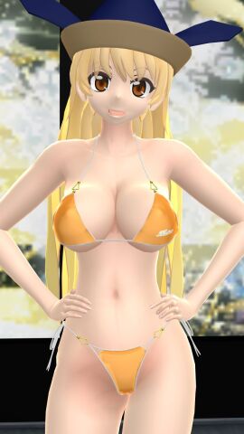 1girls 2023 3d belly_button bikini blonde-haired_female breasts brown_eyes clavicle cleavage deity female god hands_on_hips hat hati_yukkuri_mmd headwear hips light-skinned_female light_skin long-haired_female looking_at_viewer mmd okina_matara open_mouth solo_female solo_focus swimsuit touhou waist yellow_bikini