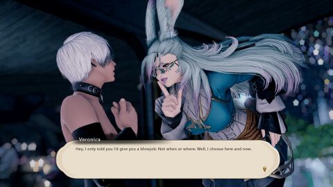 1boy 1femboy 1girls 3d au_ra aura blowjob bunny_ears choker cum domme english_text female femboy femdom final_fantasy final_fantasy_xiv glasses hi_res long_hair male male/female orgasm penis pity_sex small_penis text tiny_penis viera white_hair