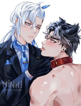 2boys collar collared gay genshin_impact male male/male male_only malesub neuvillette_(genshin_impact) softcore submissive_male suit_and_tie wriothesley_(genshin_impact) yaoi