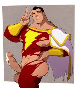 1boy ass balls bara big_balls big_penis clothing cum cum_drip cum_dripping_from_penis dc dc_comics dkmate erection genital_fluids looking_at_viewer male male_focus male_nipples male_only muscular muscular_male nipples penis ripped_clothing shazam solo_male tight_clothing yaoi