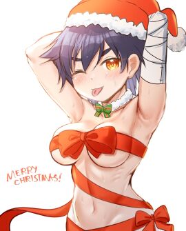 bakemonogatari christmas female female_only half-dressed kanbaru_suruga light-skinned_female light_skin monogatari_(series) otawan purple_hair ribbon short_hair sweat tagme tomboy tongue tongue_out wink yellow_eyes