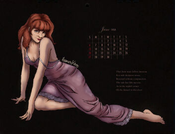 1girls bangs barefoot female lingerie long_hair older_female purple_clothing red_hair shirel_kurtzberg smile suggestive suggestive_look suggestive_pose white_skin wrinkles