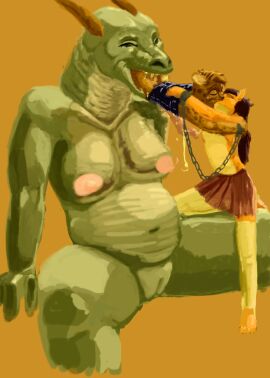 anthro breasts canid canine chains cheetah dragon feet feet_first felid feline female fox fur genitals green_body group hair horn jeri_kleinlowe kissing male male/female mammal mythological_creature mythological_scalie mythology nipples nude oral_vore orange_background orange_body orange_fur pussy scalie simple_background trio vore vulva