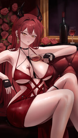 1girls alcohol alcoholic_drink alternate_costume armpits bare_shoulders between_breasts black_choker black_gloves blush bottle breasts cha202_art choker cleavage clothing_cutout collarbone couch cup dress drinking_glass earrings evening_gown female fingerless_gloves flower glint gloves goddess_of_victory:_nikke hair_between_eyes hair_intakes horns mechanical_horns midriff navel navel_cutout official_alternate_costume on_couch parted_lips pouring pouring_on_breasts pouring_on_self pouring_onto_self red_dress red_flower red_hair red_hood_(nikke) red_hood_(nonsense_red)_(nikke) red_rose red_wine rose sidelocks sitting skindentation sleeveless sleeveless_dress solo strap_between_breasts thigh_squish thigh_strap thighs wine wine_bottle wine_glass yellow_eyes