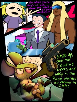 12_oz._mouse 12_oz_mouse 5boys abs adult_swim alcohol anal ass balls beckoning beverage black_arms black_sclera black_tail blonde_hair blue_hair blush blush_lines bodily_fluids bottle bottle_insertion business_suit cartoon_network chibi clothed clothing confused confusion constricted_pupils cube dark-skinned_male dark_hair dark_skin desk dialogue english_text expressionless furry genitals glasses green_body green_fur green_text grin gun hi_res holding_object holding_weapon human humanoid_penis improvised_sex_toy industry_man lemon_smoothie light-skinned_male light_skin lime_eyes liquid long_hair m_legs male male_only mammal messy_hair mouse mouse_fitzgerald murid murine muscular muscular_male nipples non-human object_in_ass object_insertion open_mouth outstretched_arm penis pink_body pink_text professor_wilx purple_shirt ranged_weapon reclining rectangular_businessman red_pants rodent roostre scope shirtless sitting_on_desk size_difference speech_bubble steam steaming_body suit suit_and_tie sweat sweating sweaty teapot_(body_type) testicles text threat threatening toony v-shaped_eyebrows weapon whiskers window