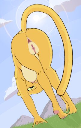 2024 absurd_res anthro areola ass ass_focus bent_over bethesda_game_studios blush body_blush breasts butt_focus cloud cmbonza digital_media_(artwork) felid female fur grass hi_res katia_managan khajiit light looking_at_viewer mammal microsoft mountain multicolored_body nipples nude pink_nose pixel_(artwork) plant prequel_adventure pussy pussy_blush smile solo standing sunlight the_elder_scrolls two-tone_body underview yellow_body yellow_fur