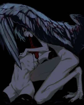 2boys animal_feet bird_legs black_background black_hair black_sclera black_wings cannibalism chino_(sky_tanosi) claws colored_sclera completely_nude corpse eating feathered_wings full_body glowing glowing_eyes guro harpy_boy highres looking_at_viewer male male_focus monster_boy multiple_boys multiple_males nude on_one_knee original red_eyes short_hair simple_background skinny wings