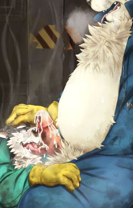 2023 absurdres after_orgasm anthro biped black_body black_fur black_nose blue_jumpsuit bodily_fluids breath canid canine canis chest_tuft clothed clothing cum cum_on_face cum_on_penis detailed_background digital_media_(artwork) dirty dirty_clothing domestic_dog drooling duo erection fluffy fur genital_fluids genitals gloves green_jumpsuit hand_on_head handwear highres humanoid_genitalia humanoid_penis husky jumpsuit kemonoharu kuroyuki_(kemonoharu) lagomorph leporid licking_cum male male/male mammal multicolored_body multicolored_fur nordic_sled_dog open_mouth oral panting penis rabbit red_eyes saliva sharp_teeth shiro_(kemonoharu) smelly spitz sweat teeth tongue tongue_out tuft two-tone_body two-tone_fur unzipped white_body white_fur yellow_clothing yellow_gloves yellow_handwear zipper